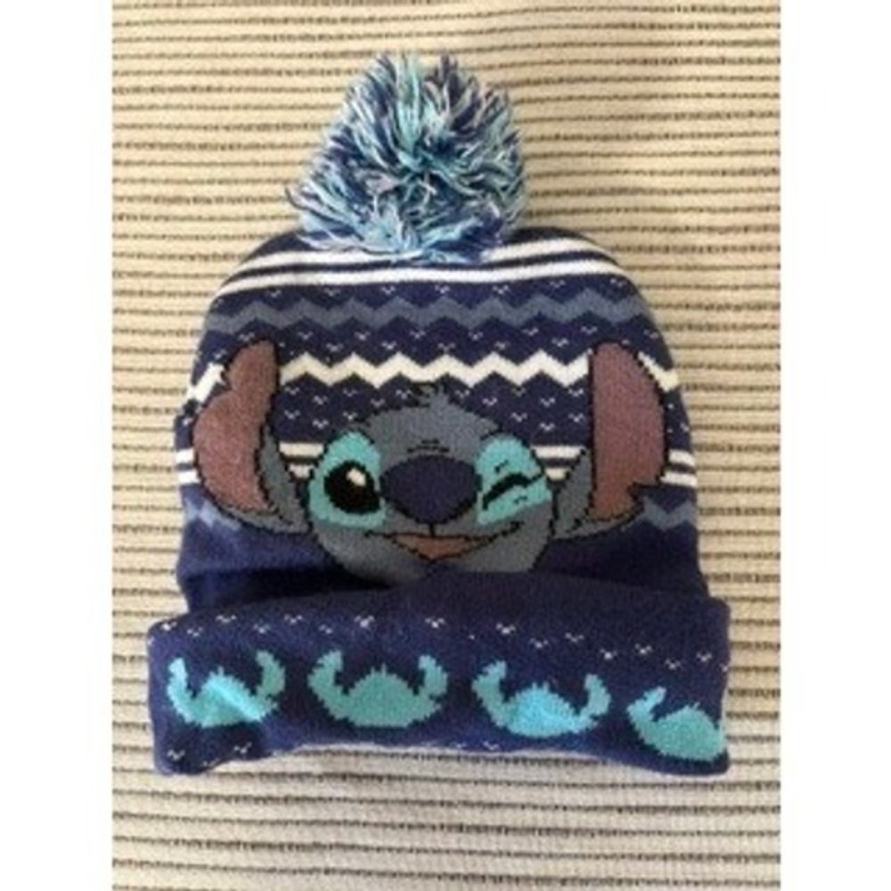 Disney Lilo & Stitch Kids Winking Face Knit Beanie Pom Pom Hat Blue Bioworld